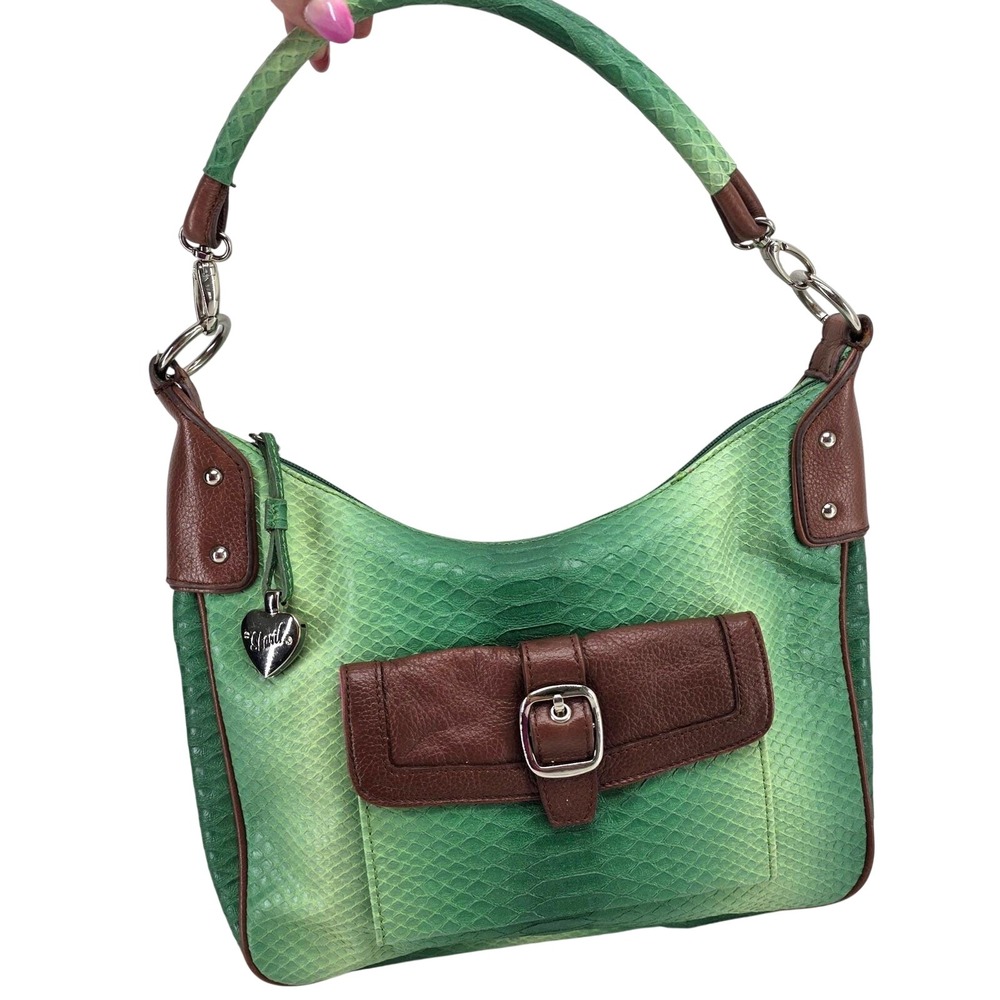 Vintage Sharif Studio Shoulder Bag Green Leather Snakeskin Embossed Hobo Y2K Art